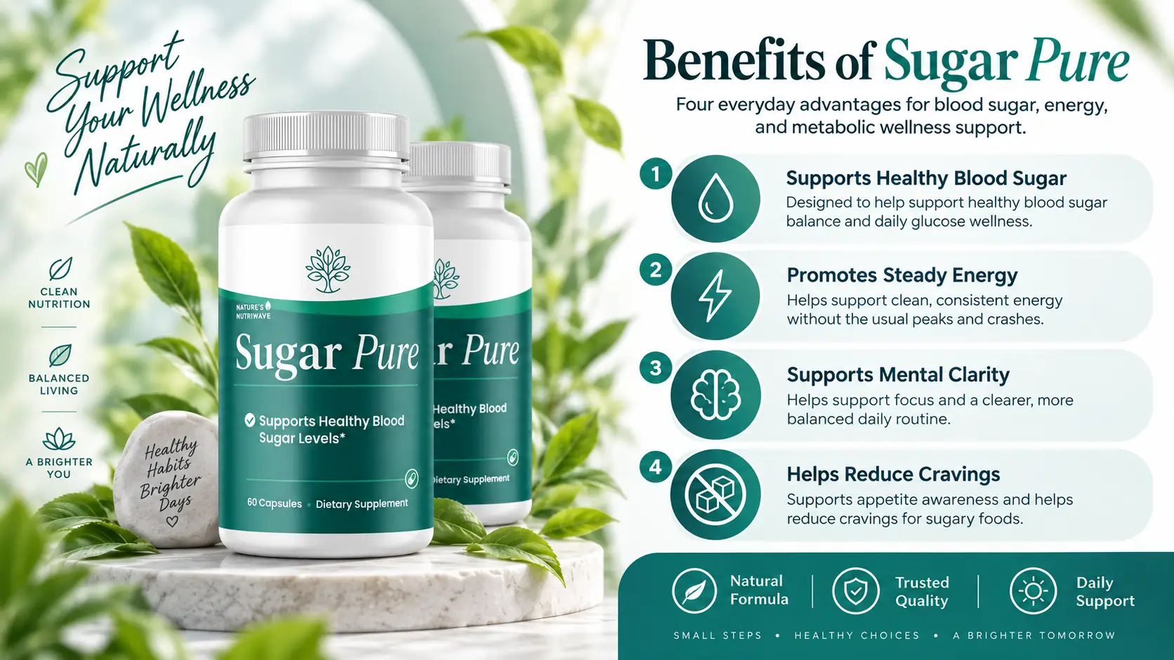 Sugar Pure benefits overview: supports healthy blood sugar, promotes steady energy, supports mental clarity, helps reduce cravings