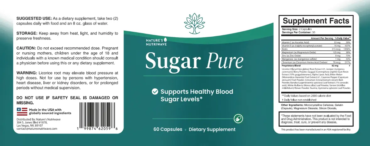Sugar Pure Supplement Facts and directions label